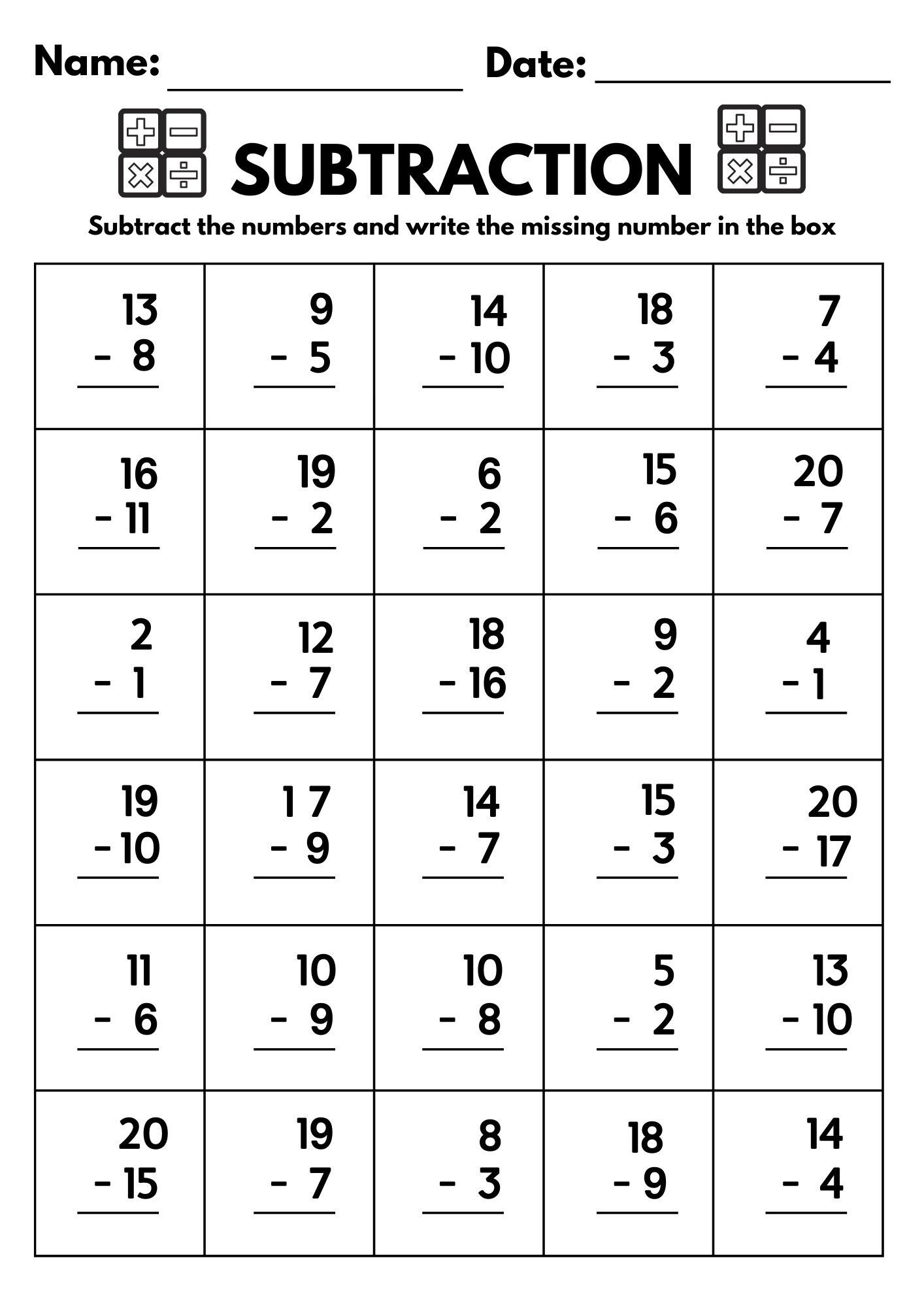 10 Printable Subtraction Fill In The Blanks Worksheets numbers 1 