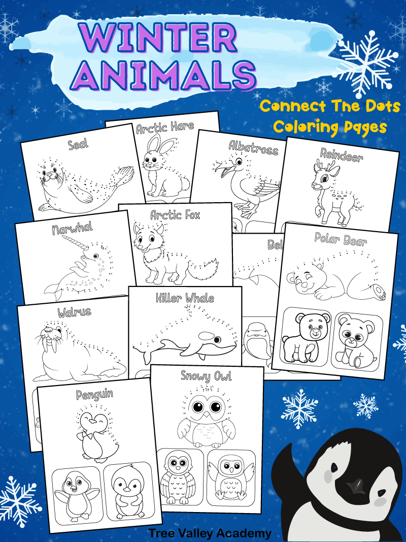 12 Winter Animals Connect The Dot Coloring Pages For Kids