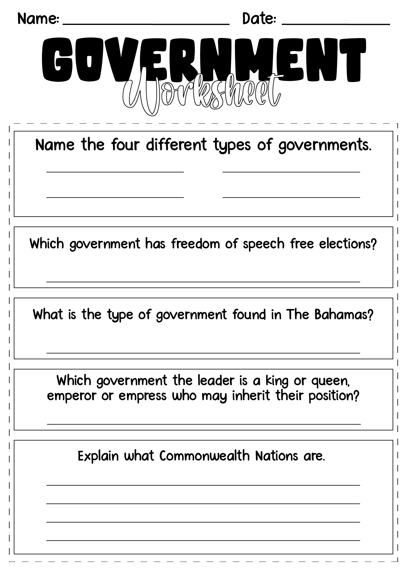 15 Different Types Of Government Worksheet Free PDF At Worksheeto