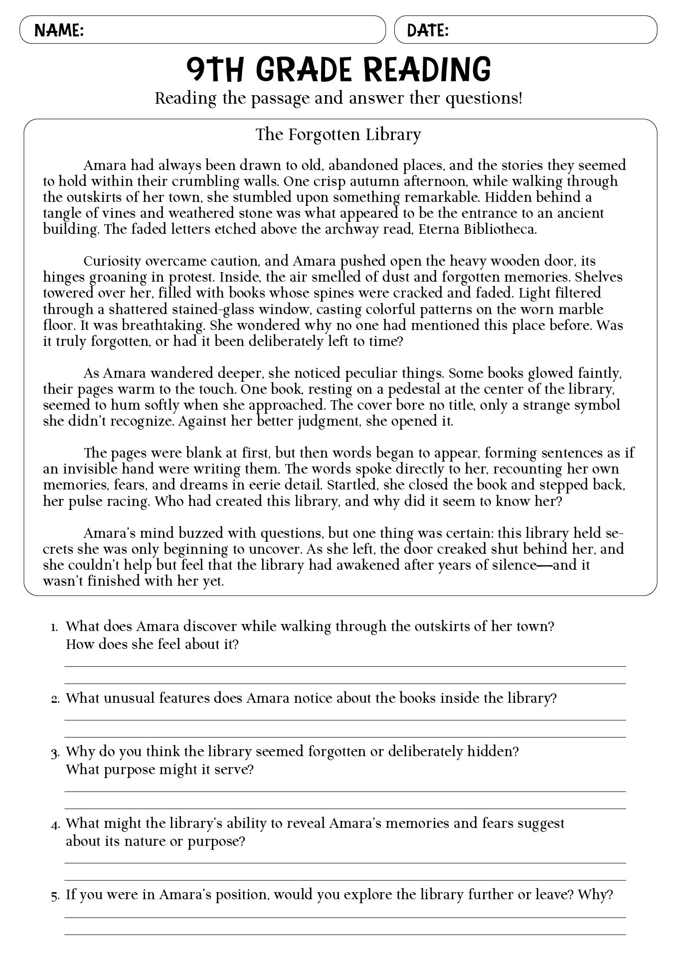 15 Printable 9th Grade Reading Comprehension Worksheets Free PDF 
