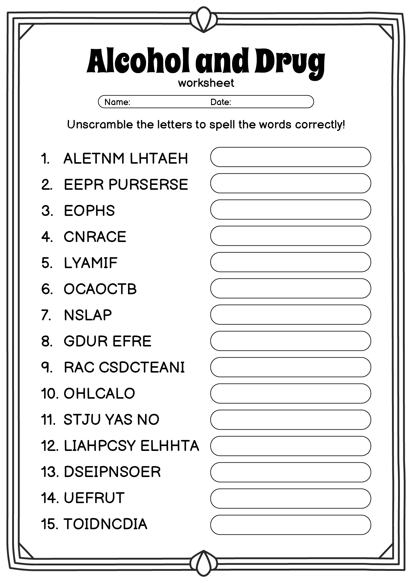 Free Printable Alcohol Worksheets
