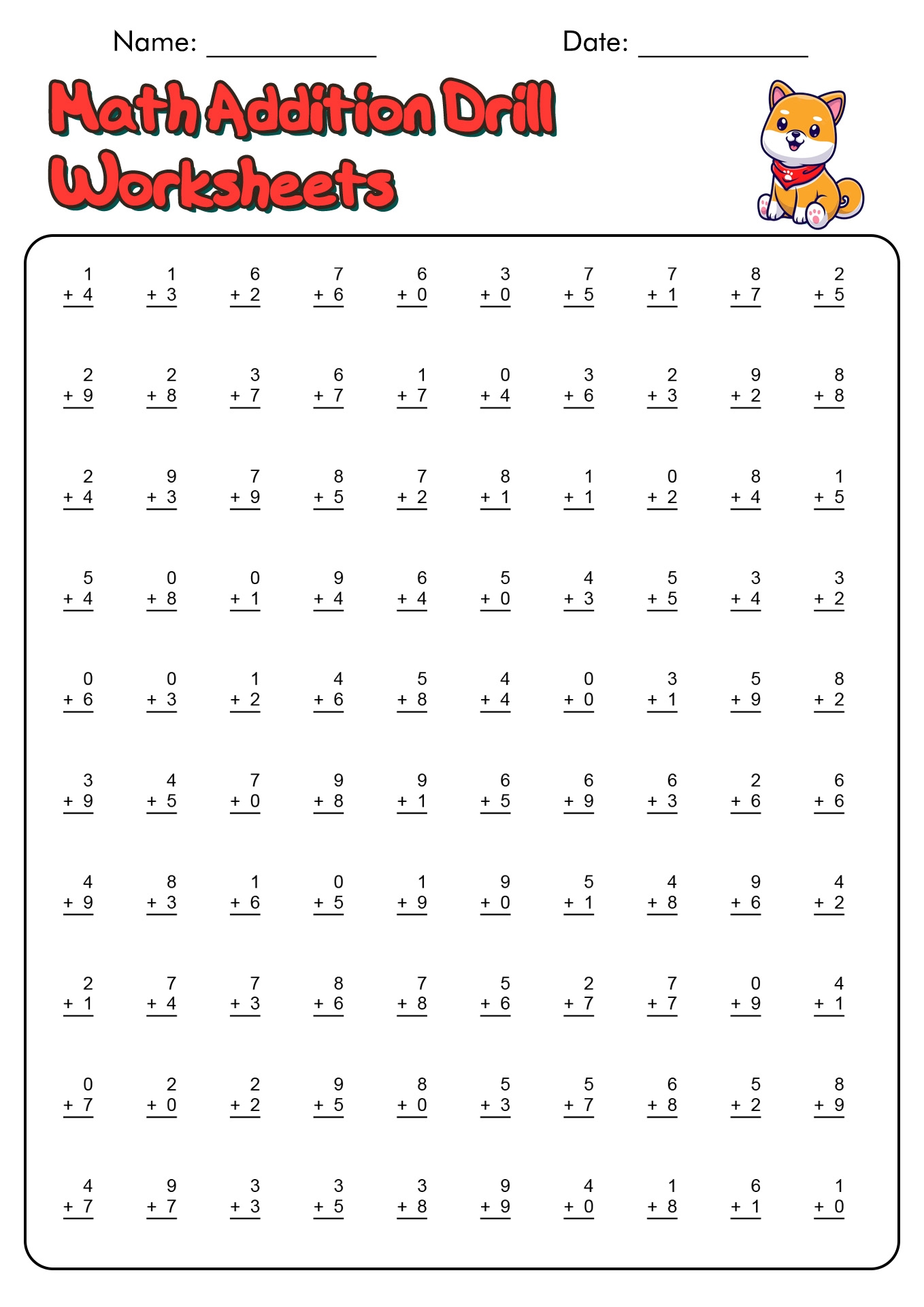 Free Printable Addition Drill Worksheets