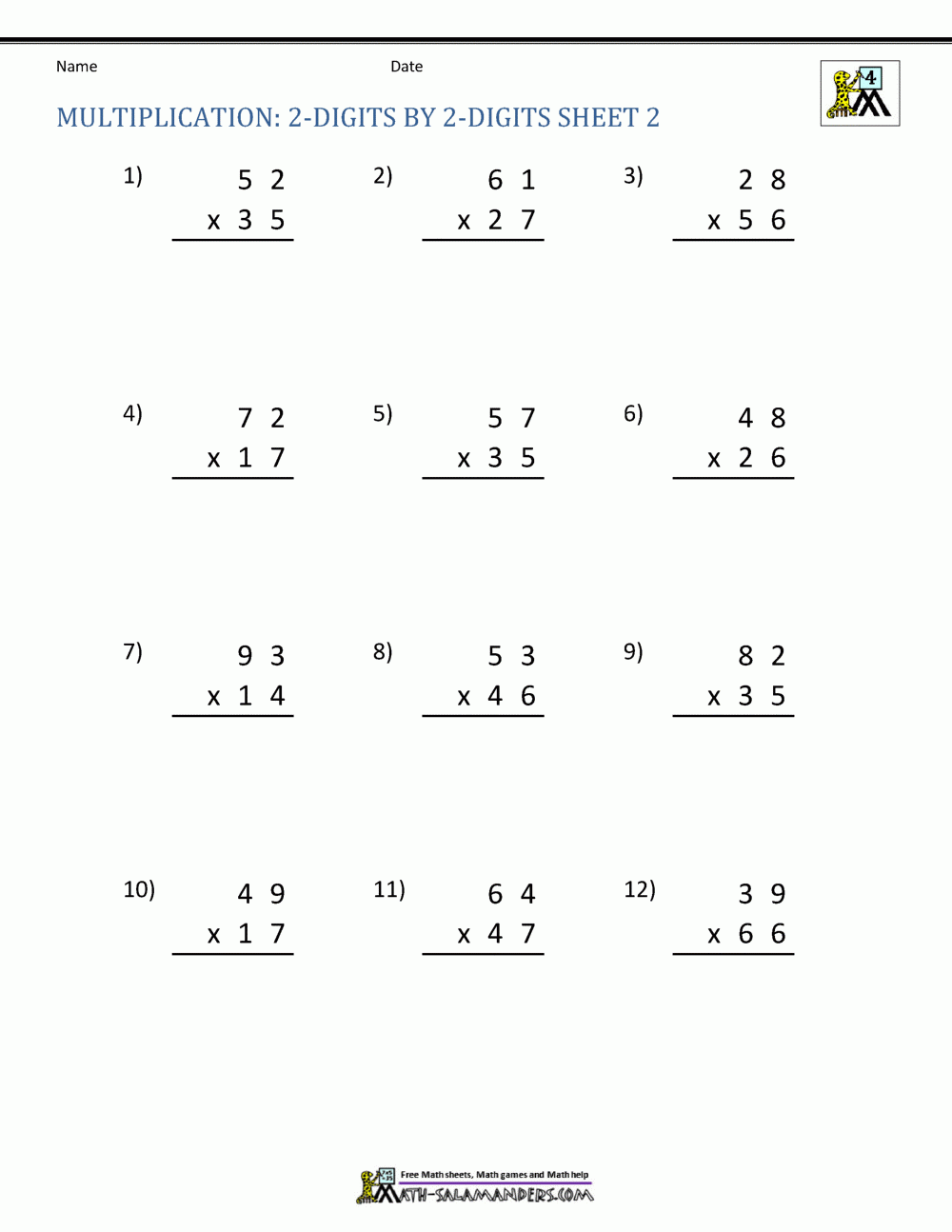 2 Digit Multiplication Worksheet 2 Digit Multiplication Worksheet
