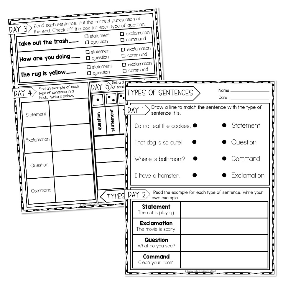 2nd Grade Grammar Worksheets Types Of Sentences Command Statement Exclamation Question Lucky Little Learners