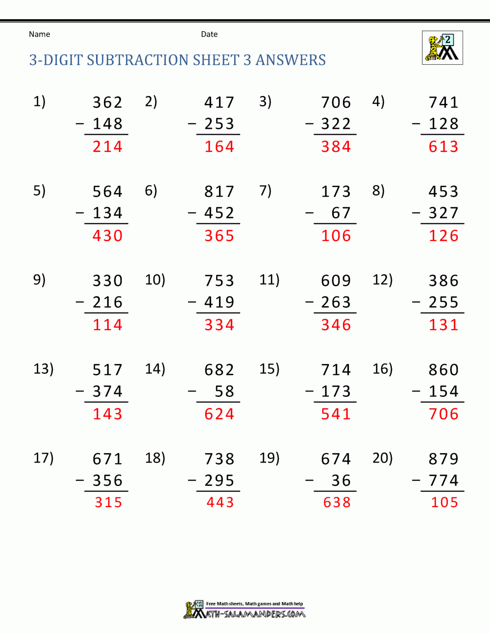3 Digit Subtraction Worksheets