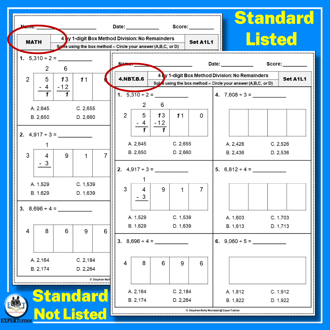 4 Digit By 1 Digit Box Method Division Worksheets 4th Grade Division With And Without Remainders