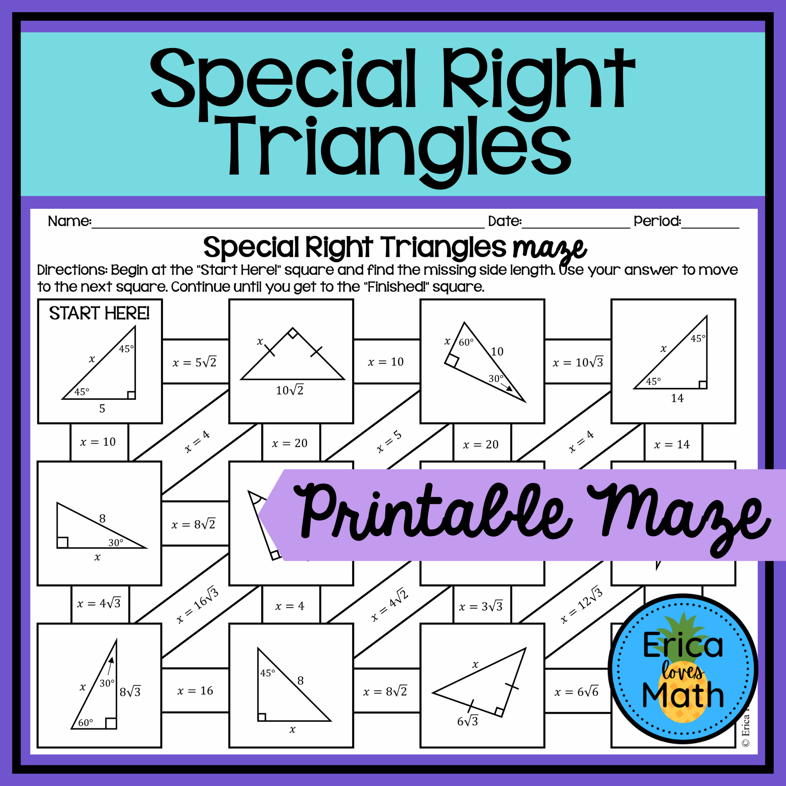 45 45 90 And 30 60 90 Special Right Triangles Activity Maze Made By Teachers