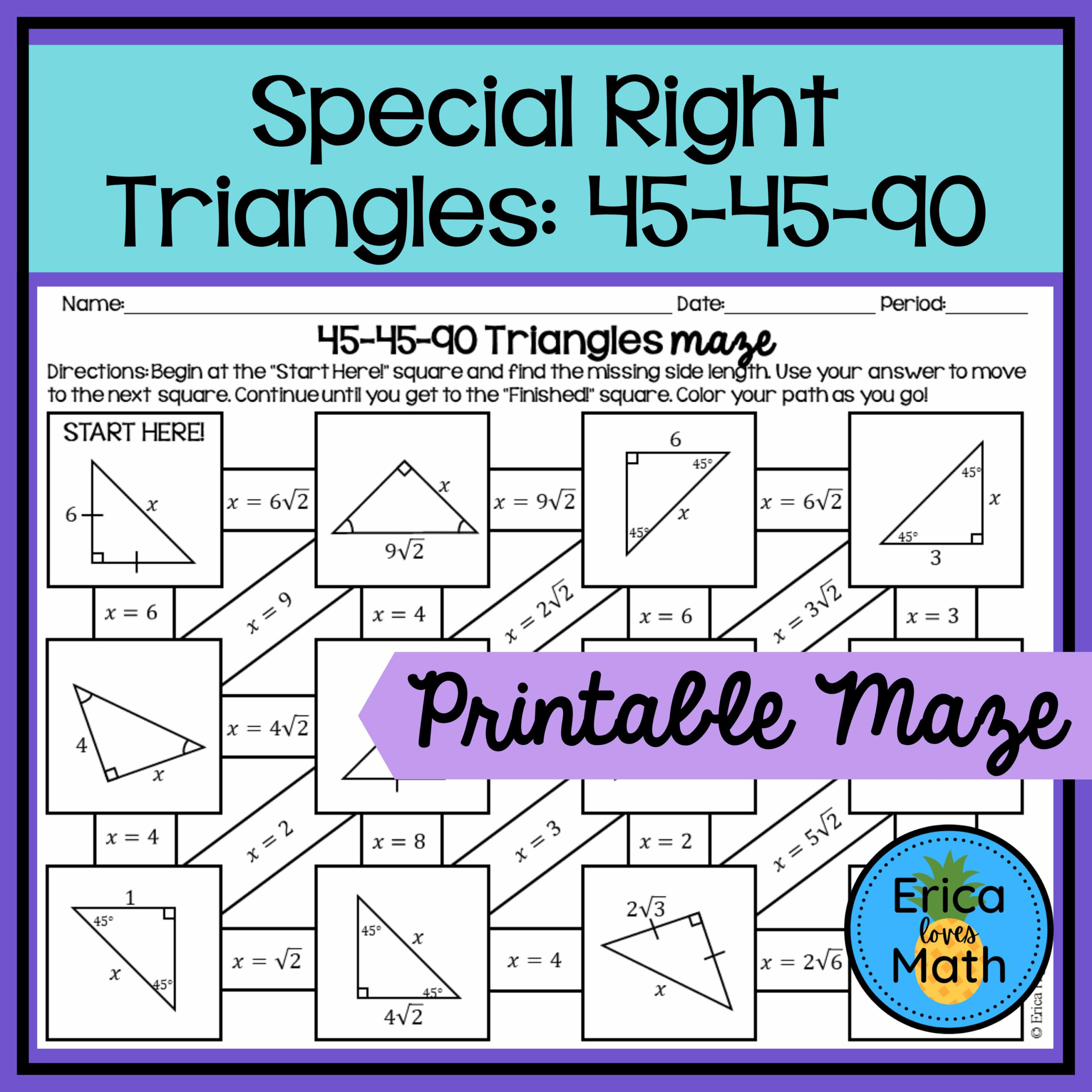45 45 90 Special Right Triangles Maze Worksheet Activity Made By Teachers
