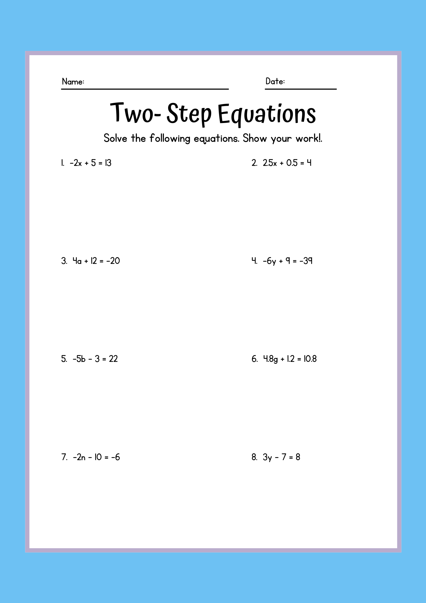 Free Printable Basic Equation Worksheets