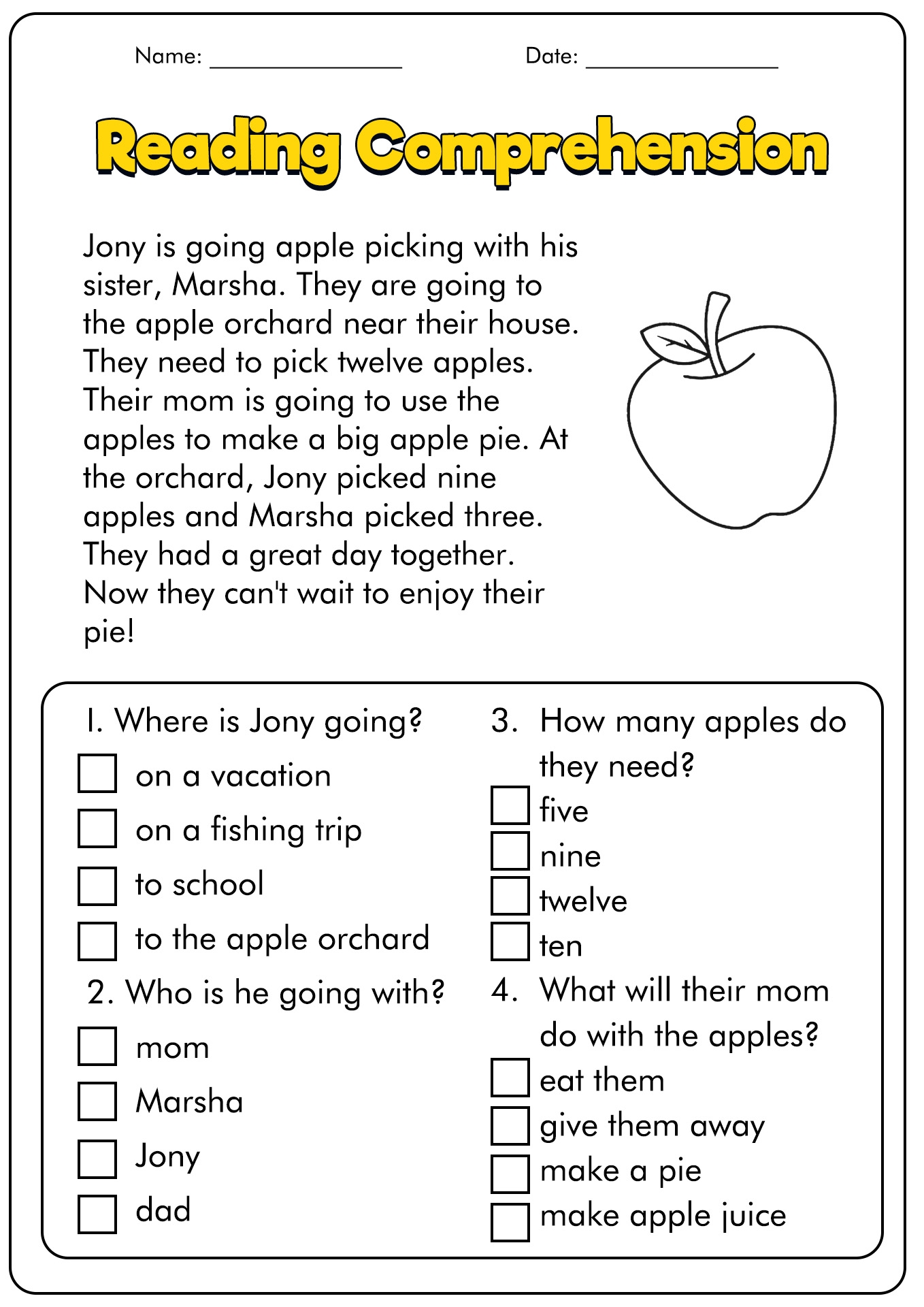 Apple Reading Comprehension Worksheets