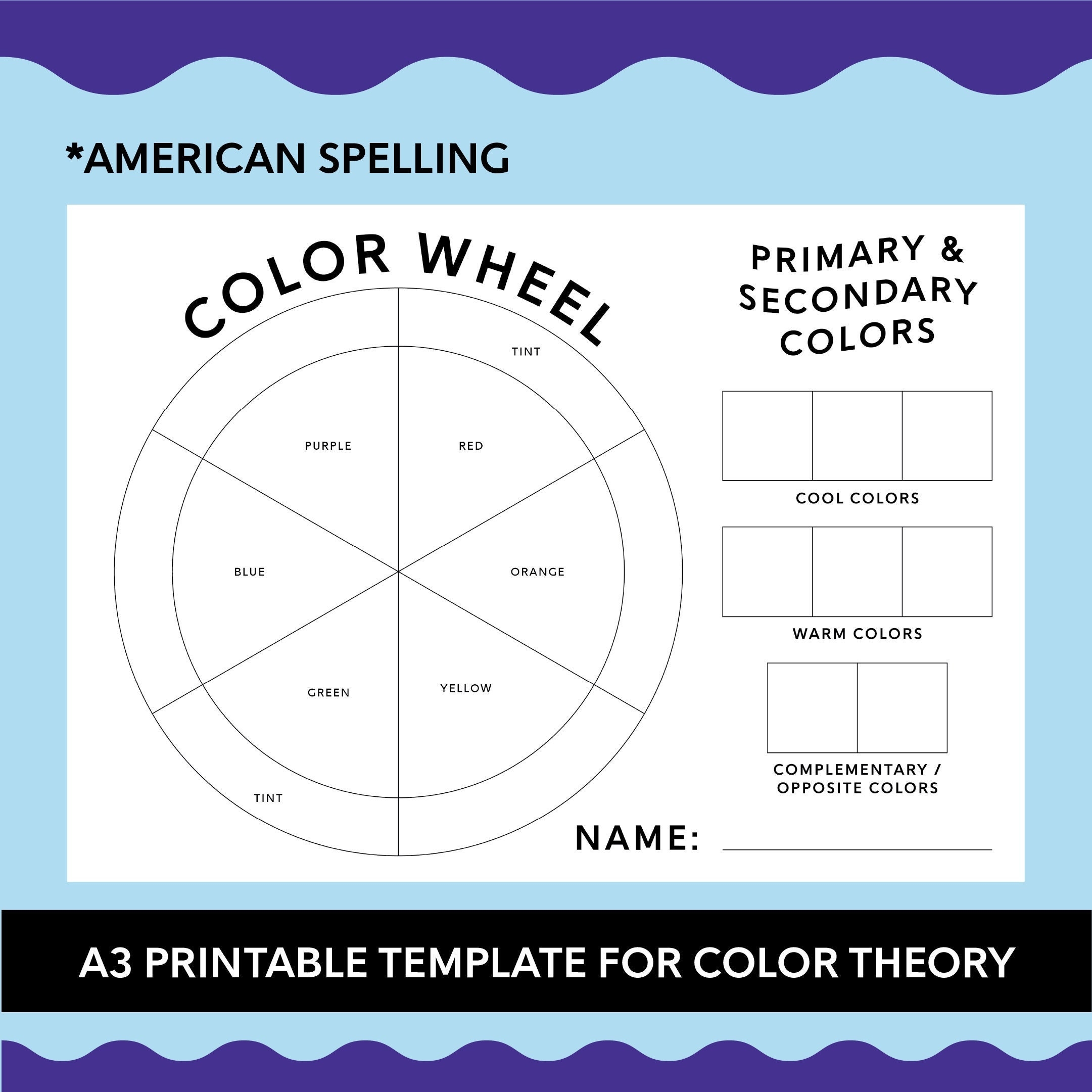 A3 Printable Colour Wheel Template american Basic Primary U0026 Secondary Colours Fun Student Lesson Activity Worksheet Painting Class Etsy