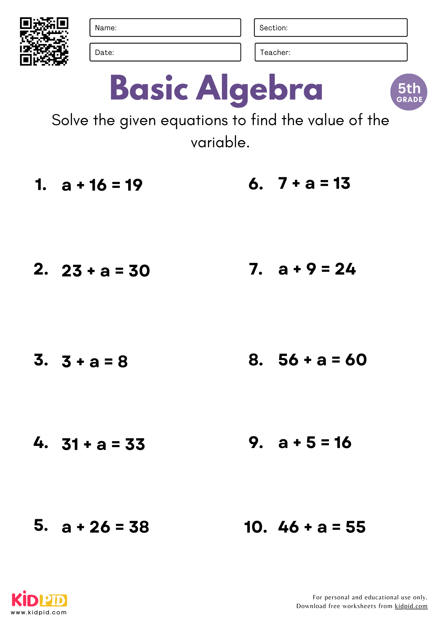 Basic Algebra Worksheets Free Printable