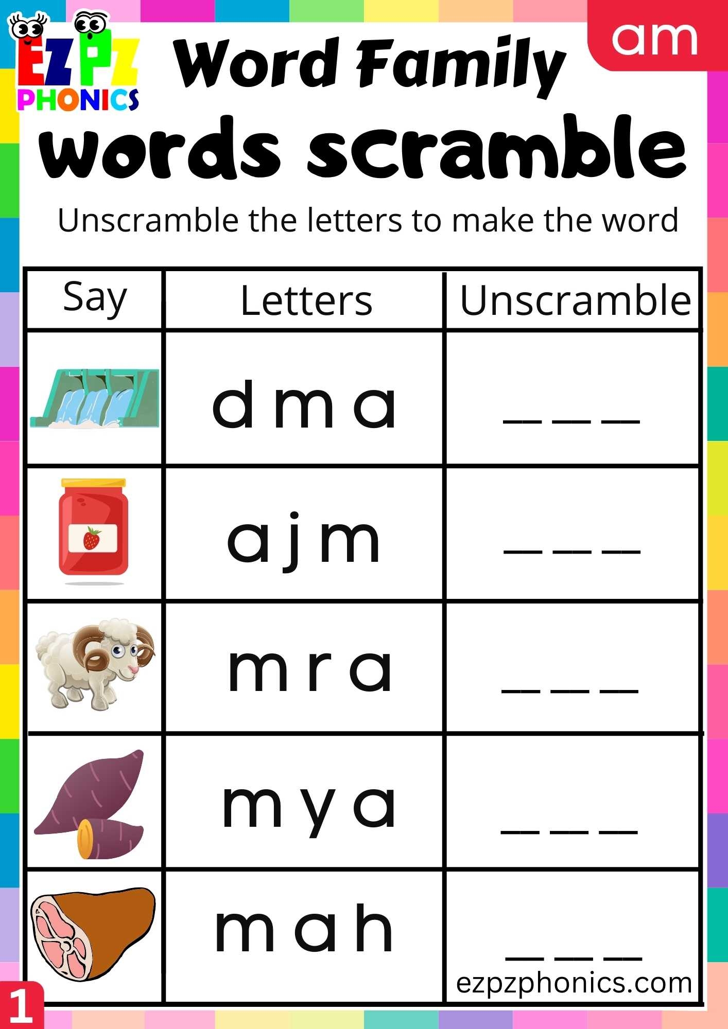 AM Words Words Scramble Phonics Word Families Worksheet Ezpzphonics