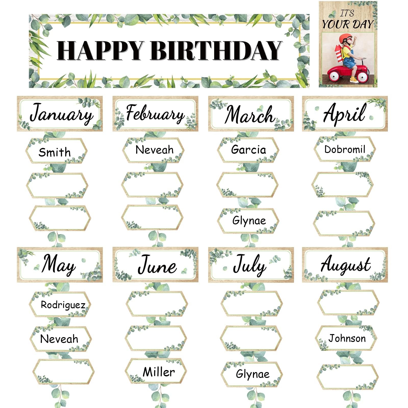 Amazon 111pcs Eucalyptus Birthday Bulletin Board Set Mini Classroom Happy Birthday Chart Cutouts Name Plates Kits Decorations For Calendars Bulletin Boards Wall Classrooms Preschool School Supplies Office Products