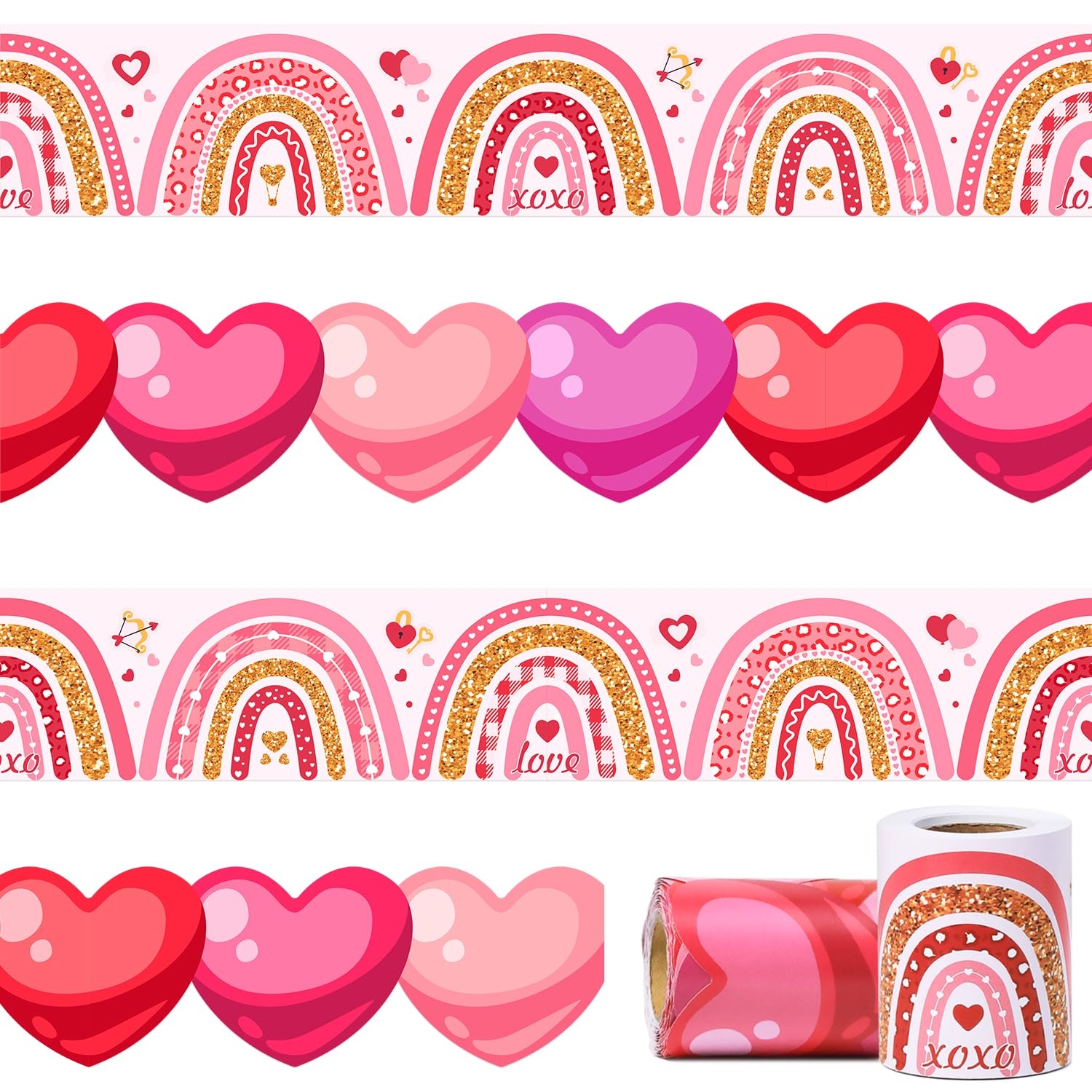 Amazon 66ft Valentines Day Bulletin Board Borders Pink Red Love Heart Boho Rainbow Decorations Paper Border Trim For Classroom School Blackboard Office Chalkboard Valentine s Day Party Wall Decor Office Products