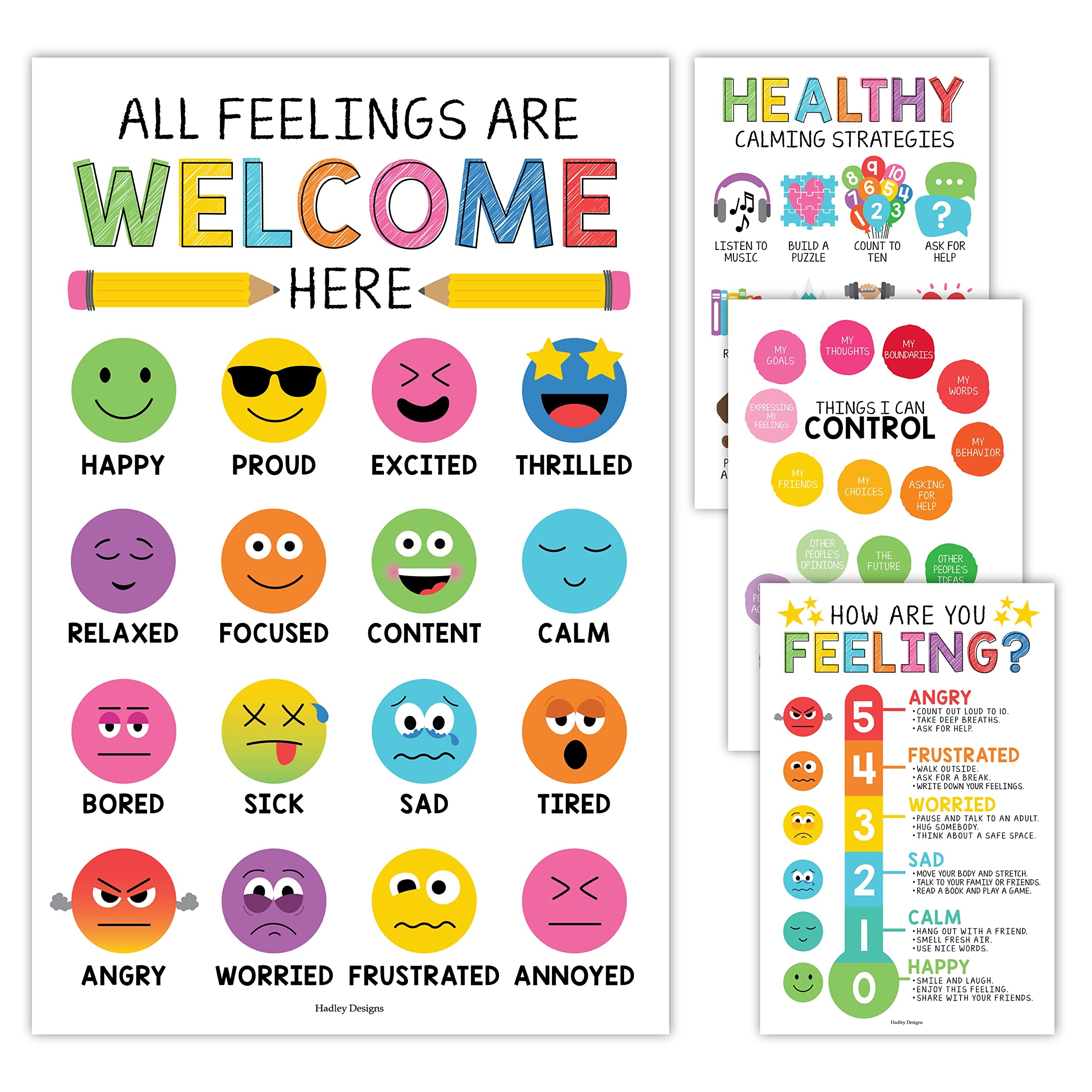 Amazon Hadley Designs Feelings Chart For Kids 4 Pack Emotion Posters For Classroom U0026 Home Laminated Social Emotional Learning SEL U0026 