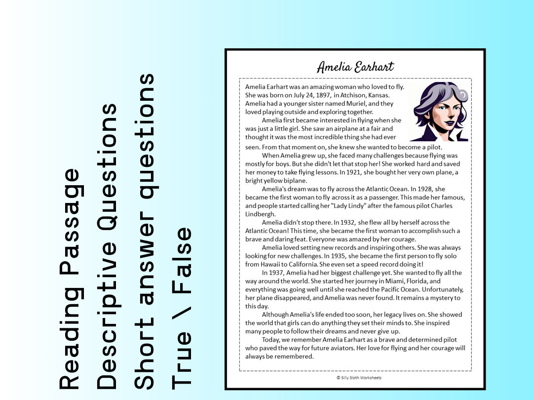 Amelia Earhart Biography Reading Comprehension Passage Printable Worksheet PDF Teaching Resources