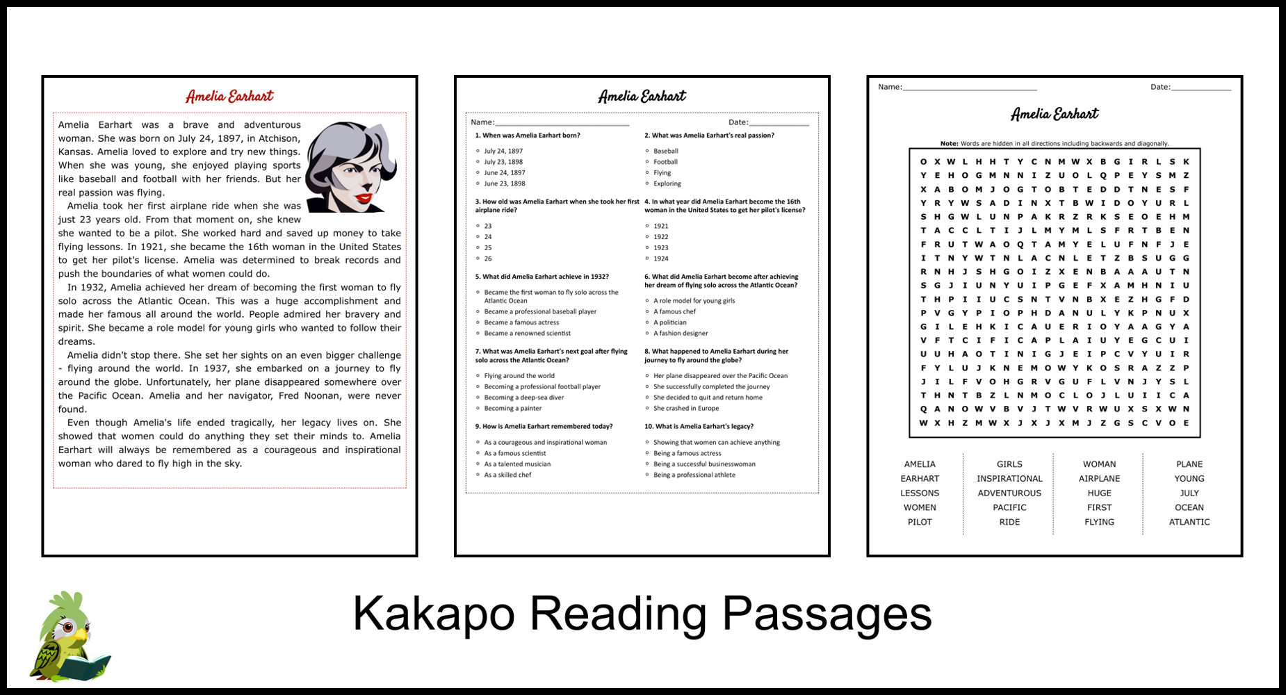 Amelia Earhart Reading Comprehension And Word Search Teaching Resources