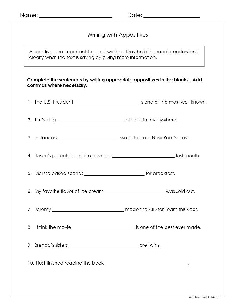 Free Printable Appositive Worksheets