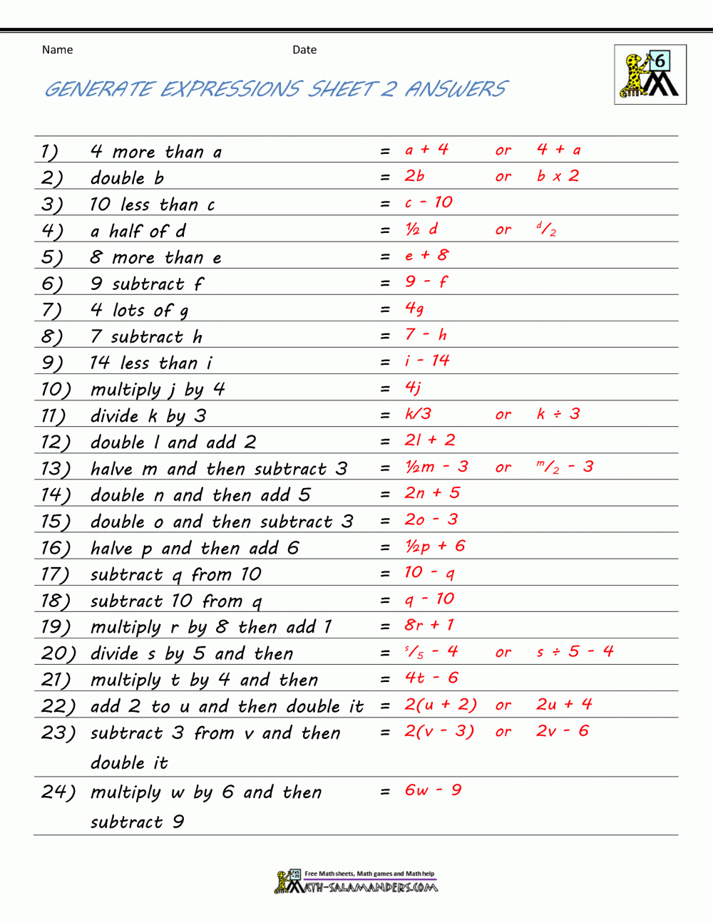 Algebra Free Printable Worksheets