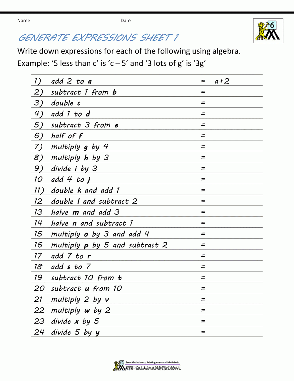 Basic Algebra Worksheets Basic Algebra Worksheets