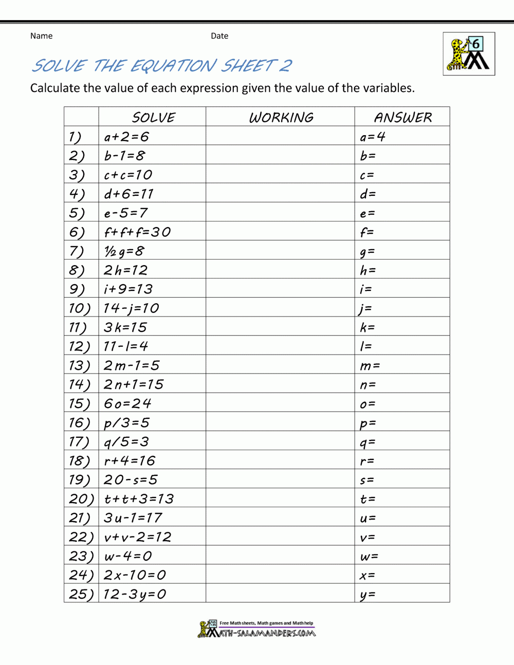 Free Printable Solving Equations Worksheets