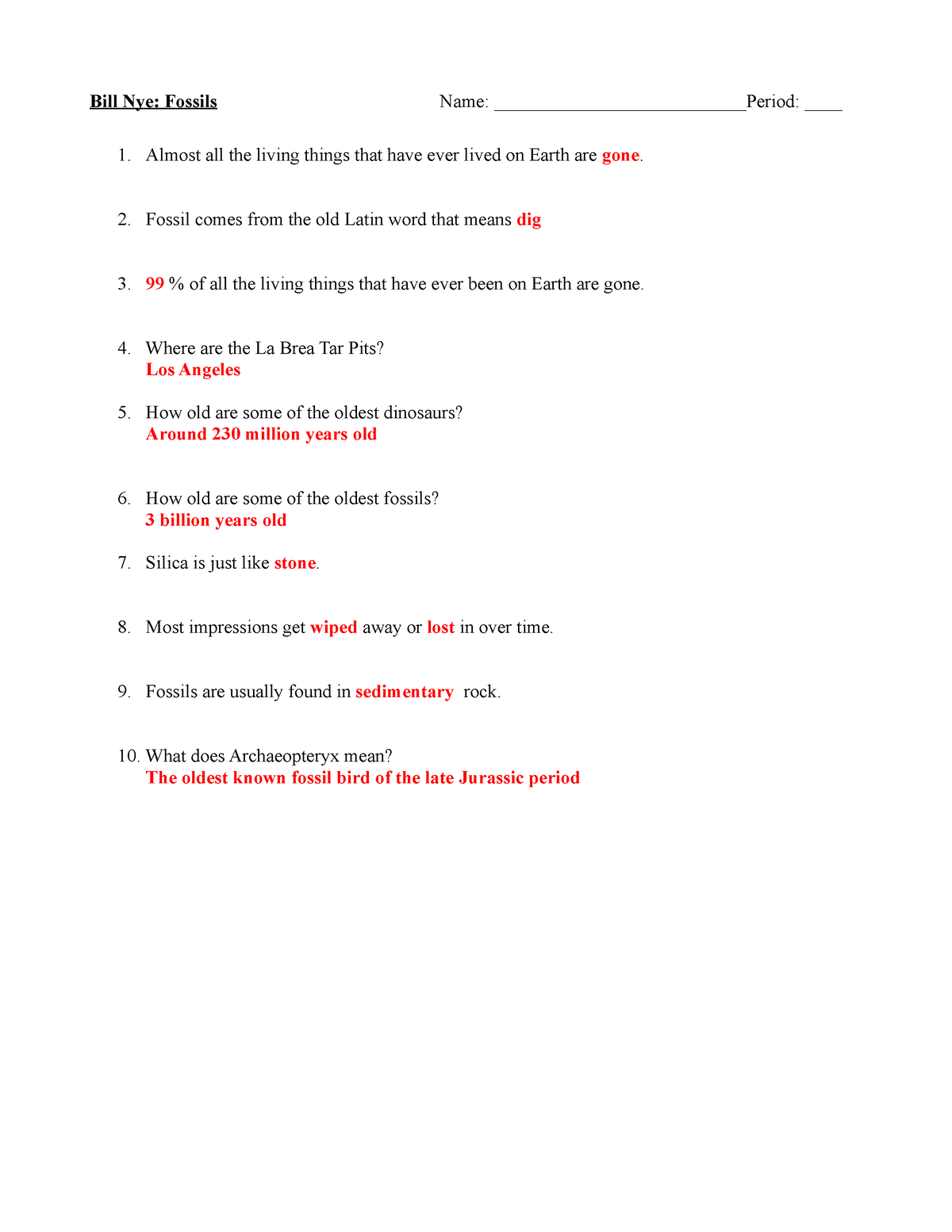 Bill Nye fossils Bill Nye Fossils Name 1 Almost All Worksheets Library