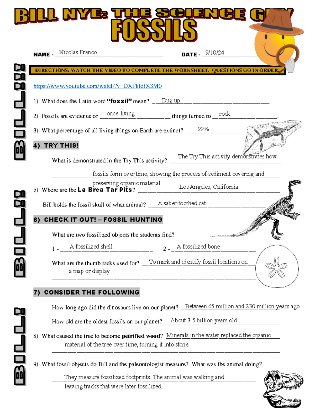Bill Nye The Science Guy Fossils NAME DATE Studocu