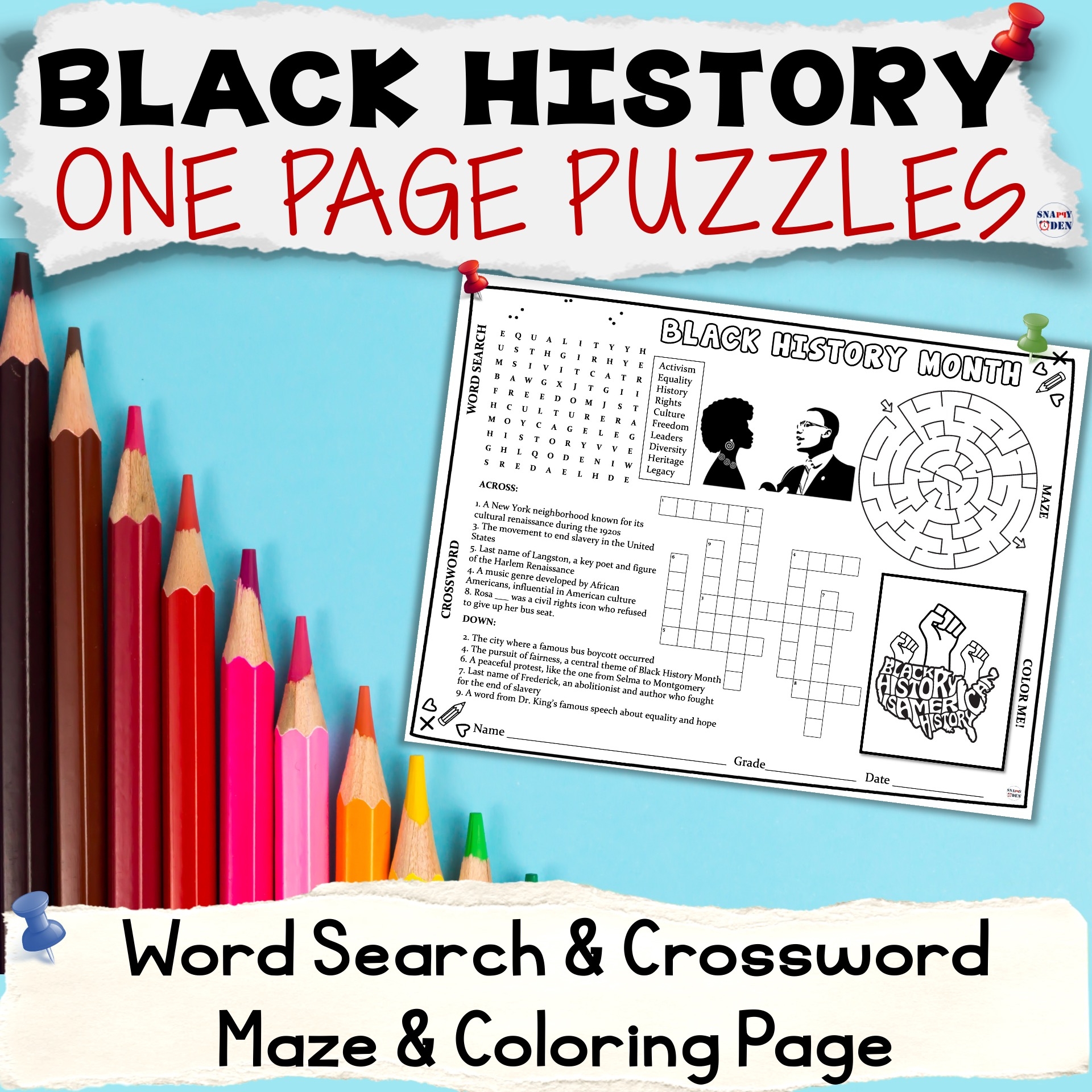 Black History Month Placemat Word Search Crossword Maze Puzzles Coloring Page Made By Teachers