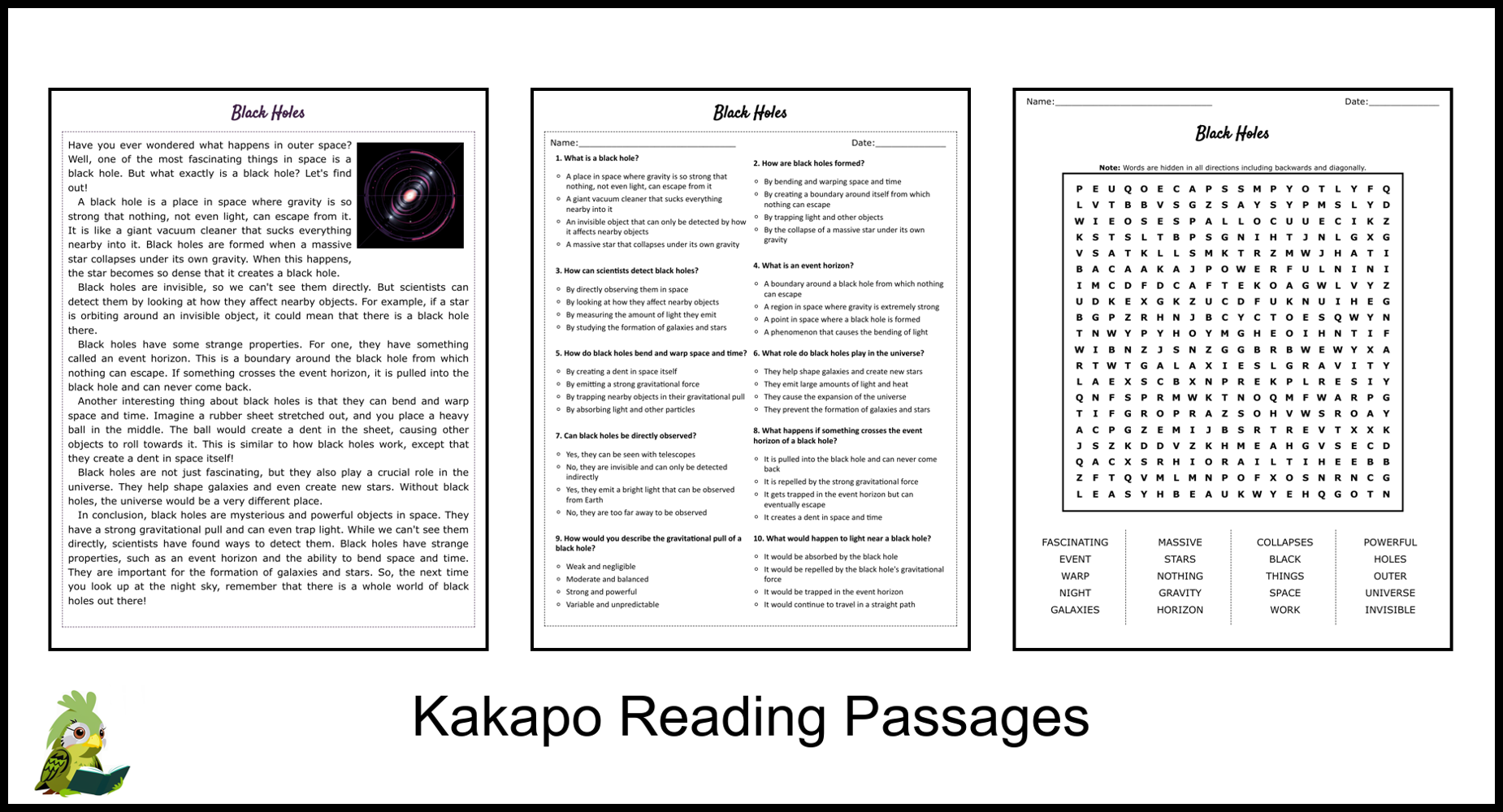 Black Hole Reading Comprehension Worksheet