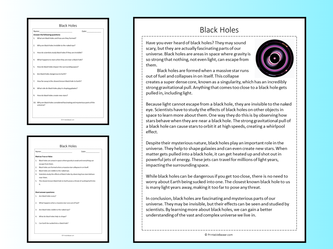 Black Holes Reading Comprehension Passage Printable Worksheet 
