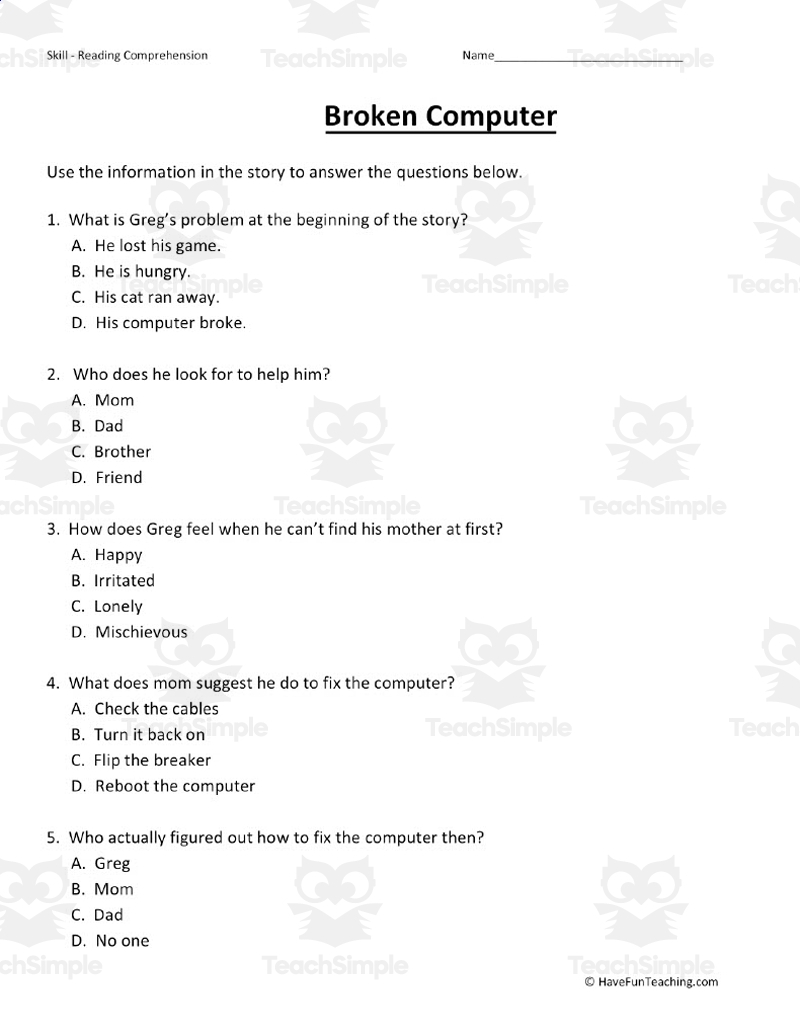 Computer Reading Comprehension Worksheets Computer Reading Comprehension Worksheets