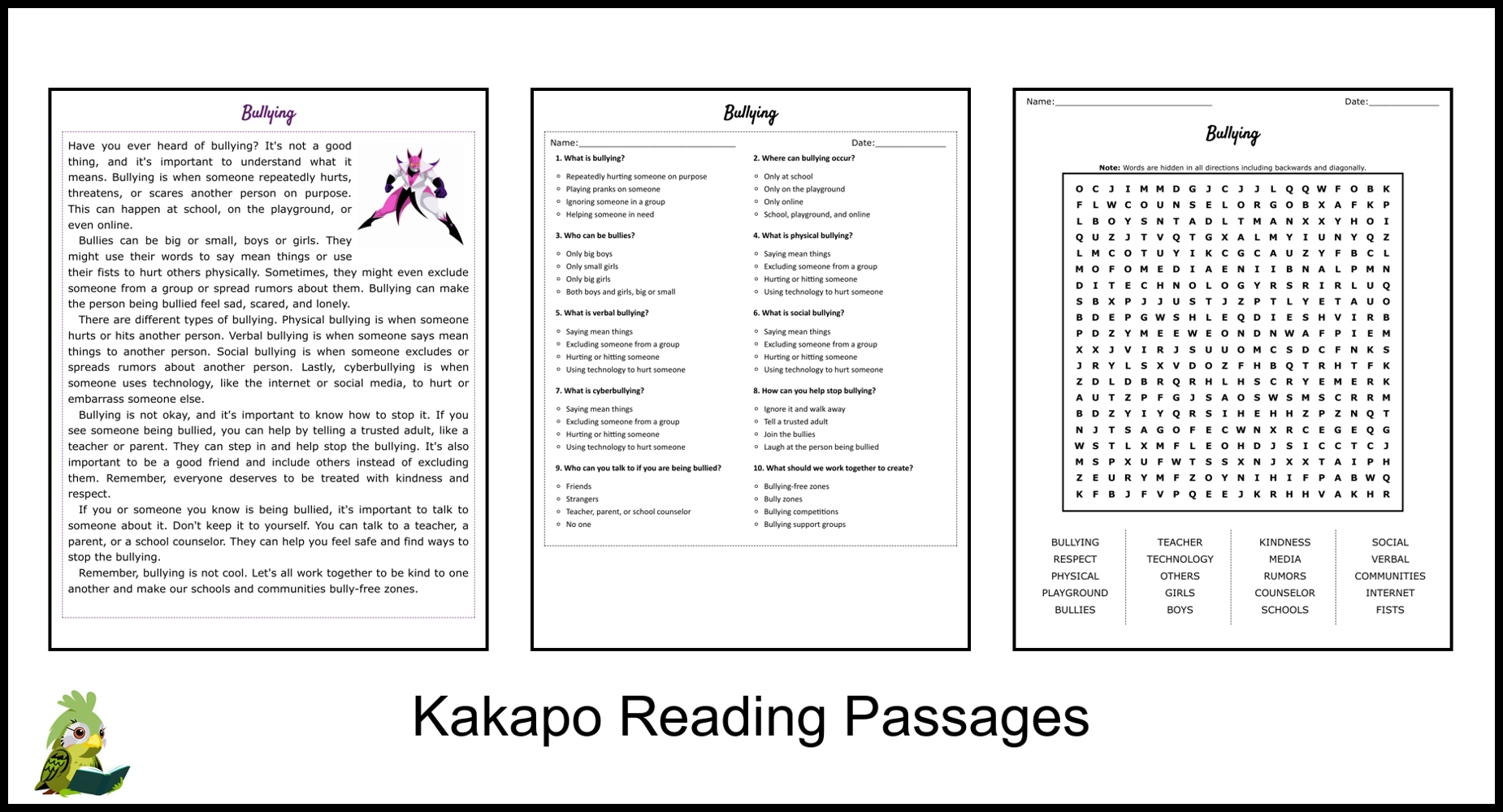 Bullying Reading Comprehension And Word Search Teaching Resources