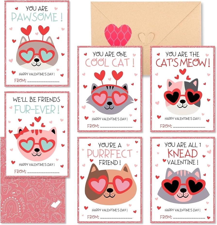 Cat Valentines Cards Kids Classroom 48 Pack Funny Valentines Day Class Exchange Greeting Cards With Envelopes U0026 Heart Stickers 4 7 3 6 Inch