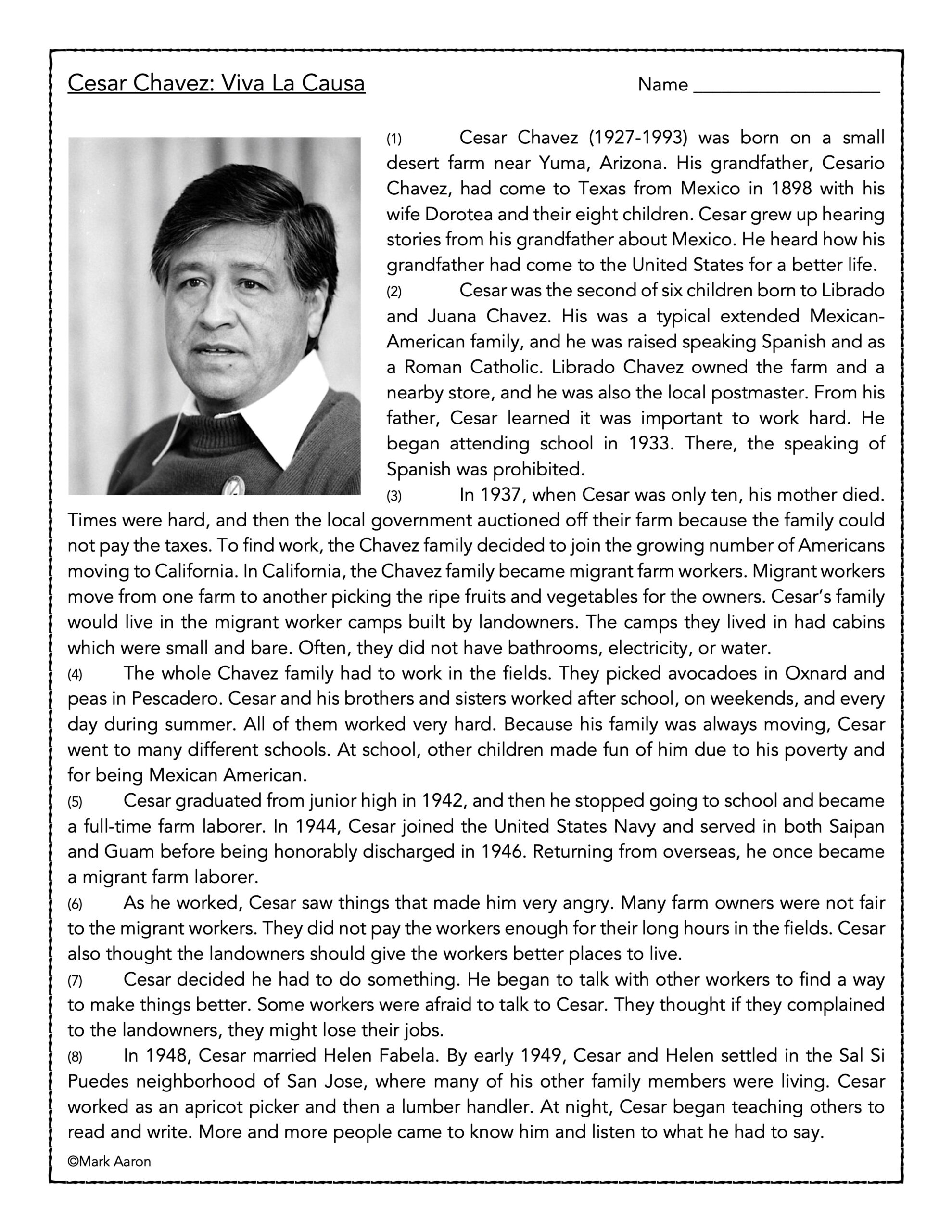 Cesar Chavez Reading Comprehension Biography And Assessment Cesar Chavez Reading Comprehension Biography And Assessment