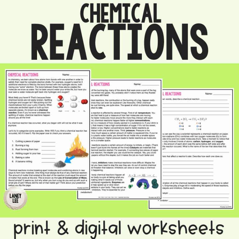 Chemical Reactions Reading Comprehension Worksheets