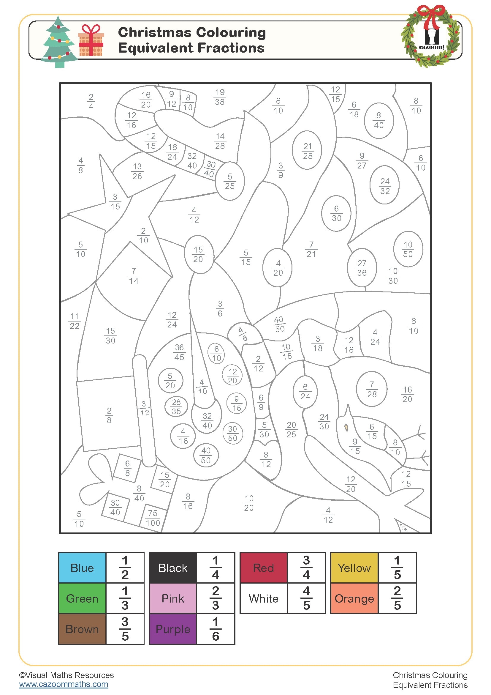 Christmas Colouring Equivalent Fractions Worksheet Cazoom Worksheets Library