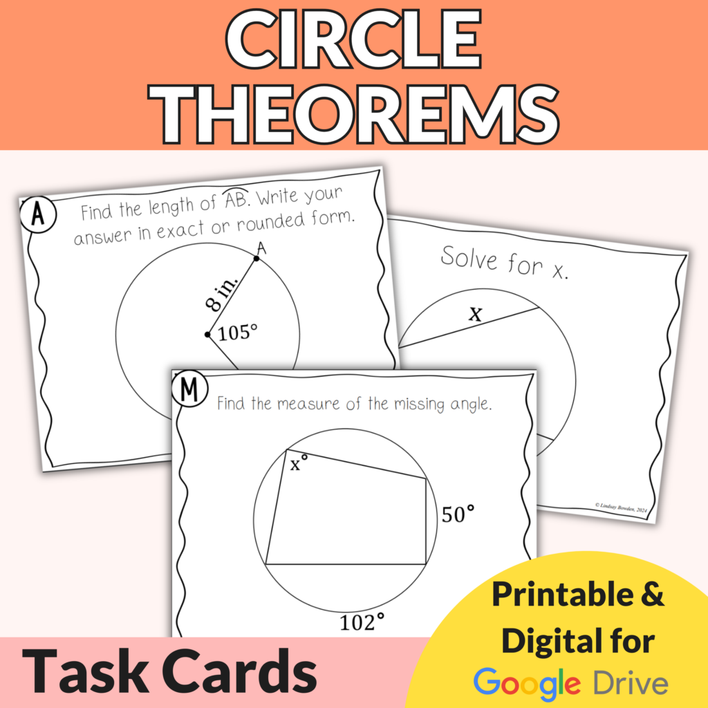 Circle Theorems Segments Arcs U0026 Angles Task Cards For High School Geometry Lindsay Bowden