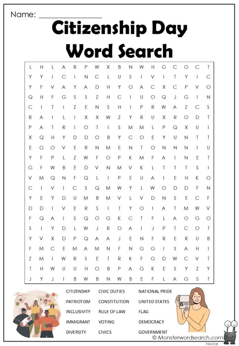 Citizenship Day Word Search Monster Word Search Worksheets Library
