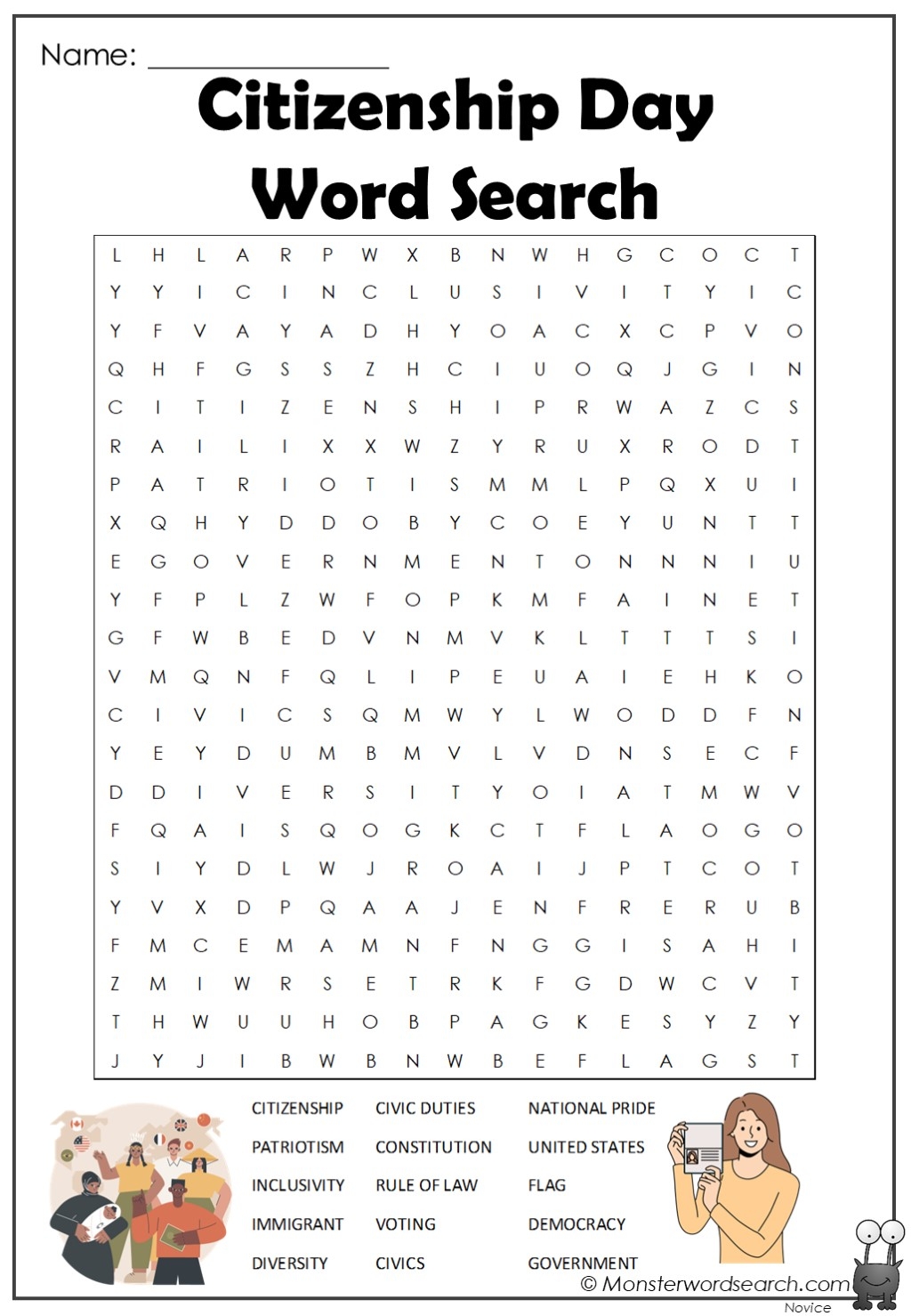 Citizenship Day Word Search Monster Word Search Worksheets Library