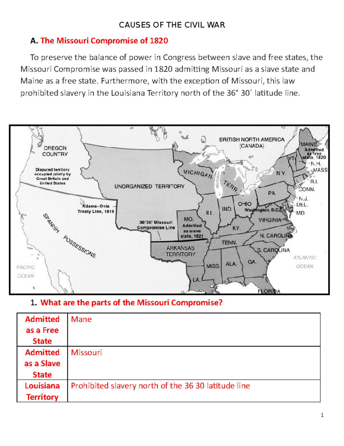 Civil War Packet Ssssss CAUSES OF THE CIVIL WAR A The Missouri Compromise Of 1820 To Preserve Studocu