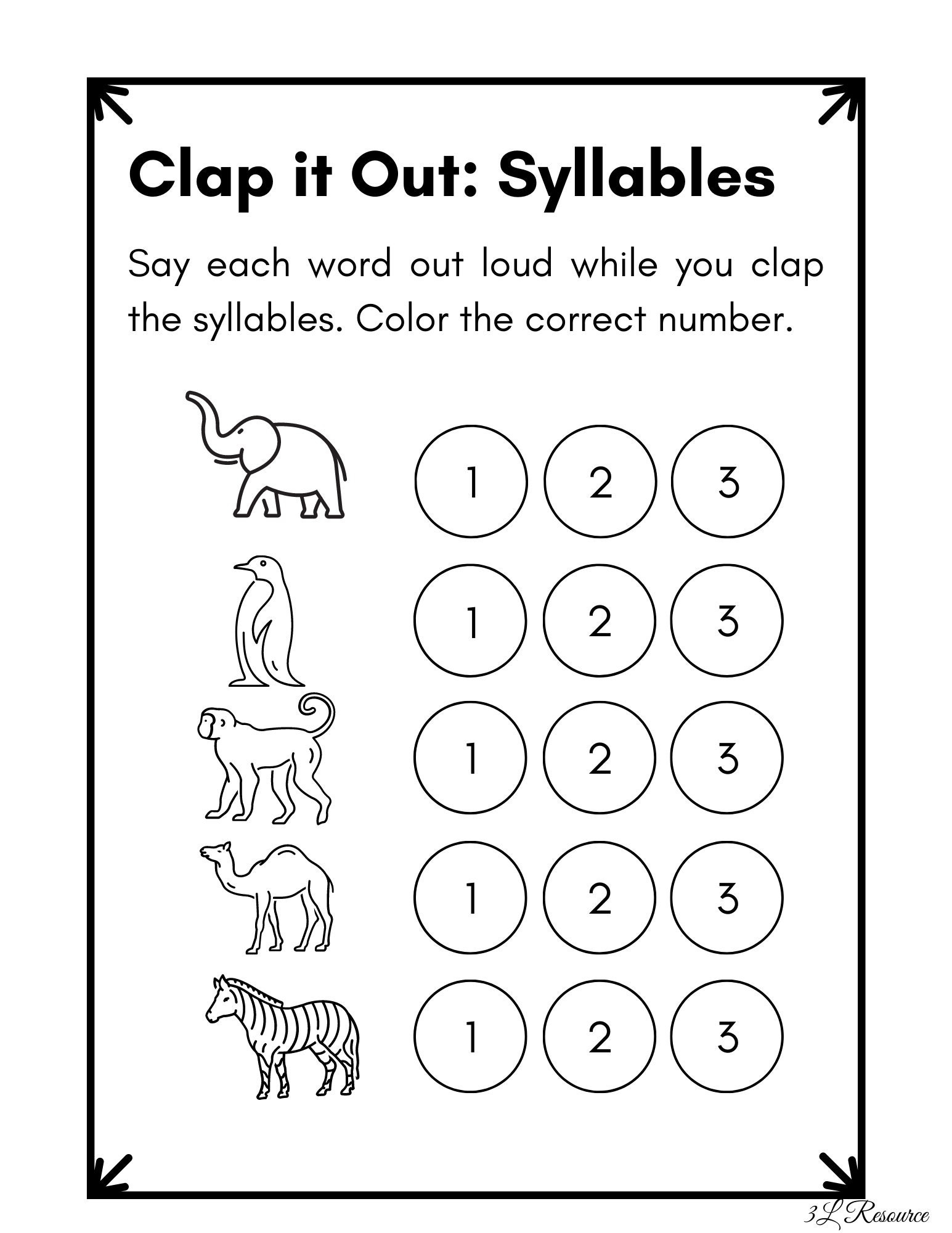 Clap It Out Syllables Worksheet Kindergarten Preschool Etsy