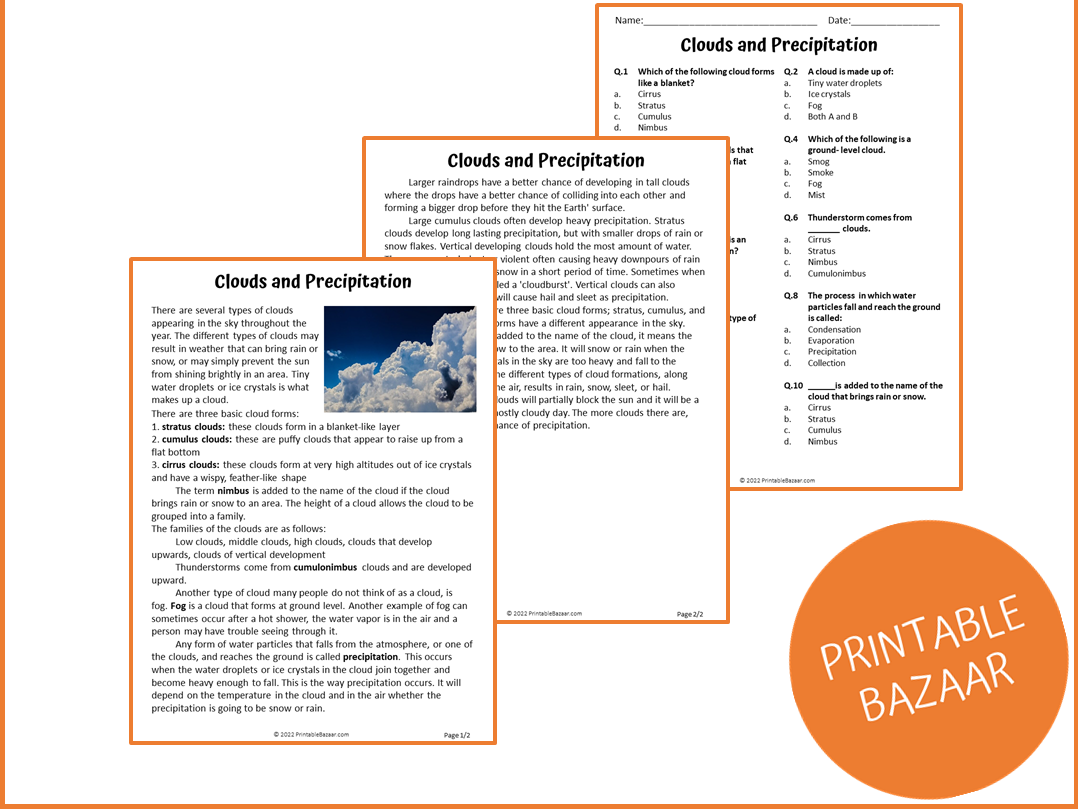 Clouds And Precipitation Reading Comprehension Passage And Questions PDF Teaching Resources Clouds And Precipitation Reading Comprehension Passage And Questions PDF Teaching Resources