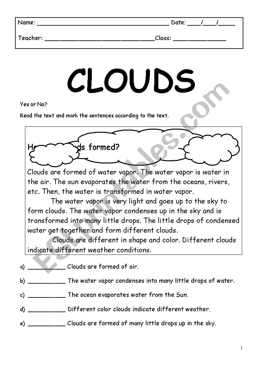 Clouds ESL Worksheet By Gardhenia Clouds ESL Worksheet By Gardhenia