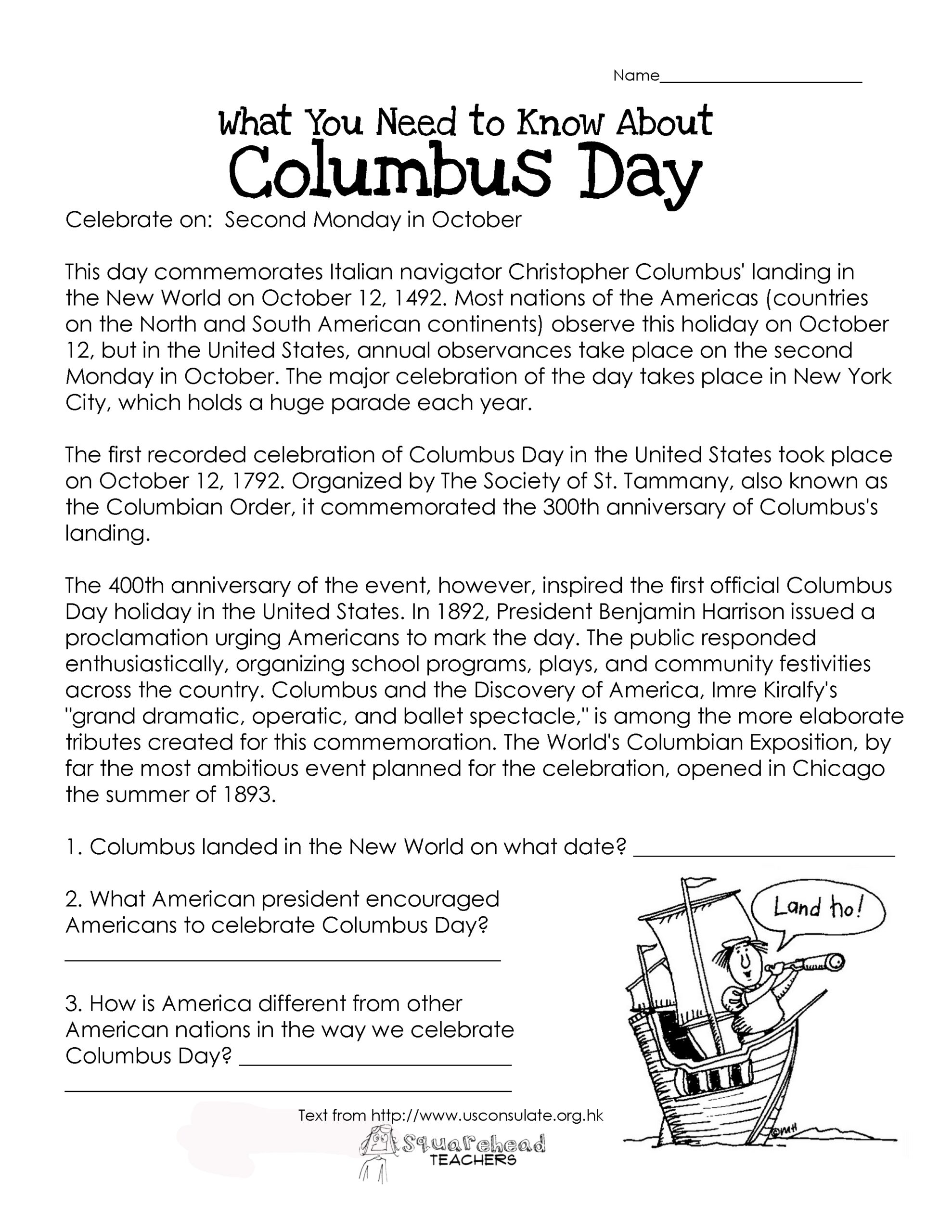 Columbus Day free Worksheet Squarehead Teachers Worksheets Library