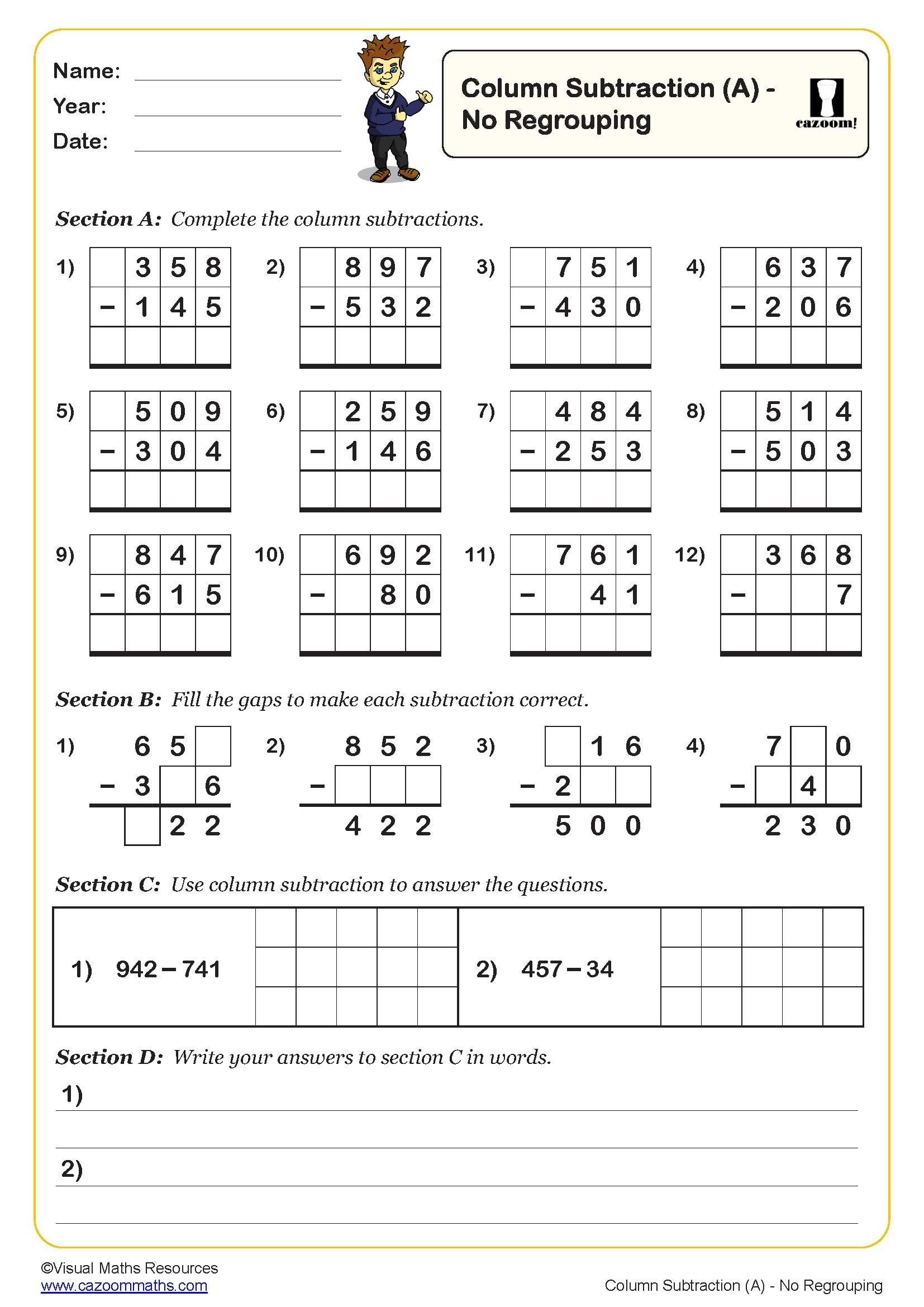 Column Subtraction A Worksheet PDF Printable Subtraction Worksheets Column Subtraction A Worksheet PDF Printable Subtraction Worksheets