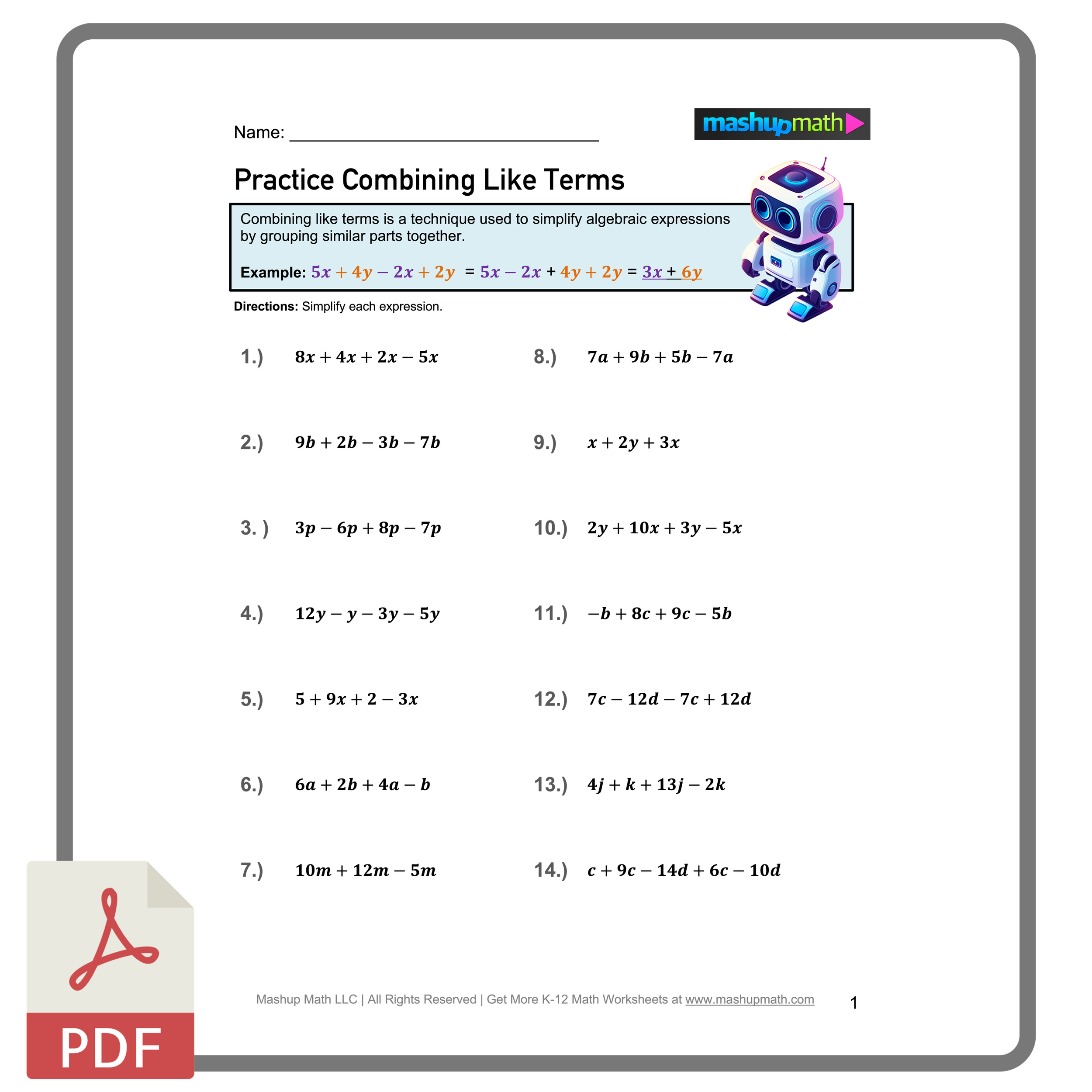 Free Printable Combining Like Terms Worksheets Free Printable Combining Like Terms Worksheets