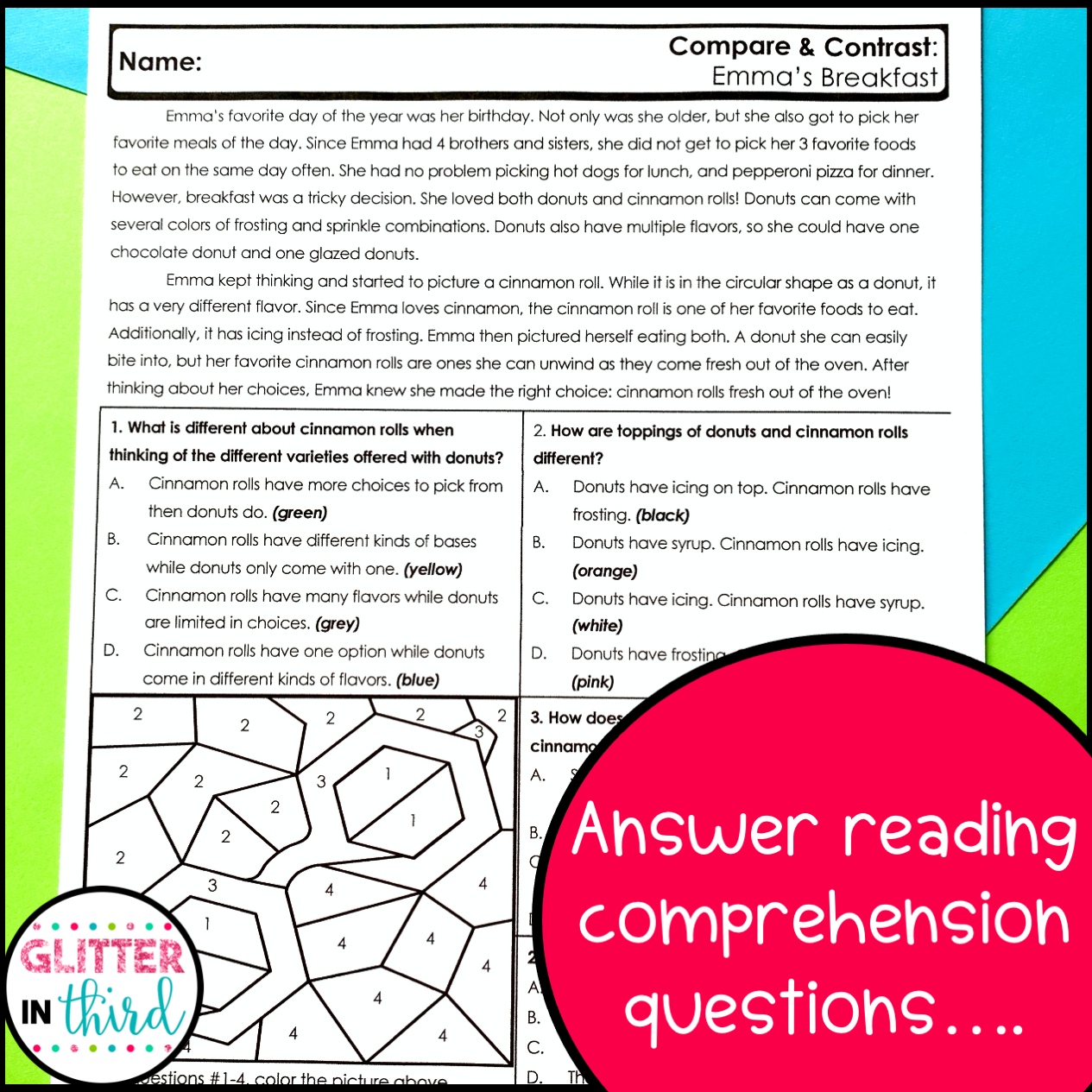 Compare And Contrast Color By Number Worksheets Glitter In Third