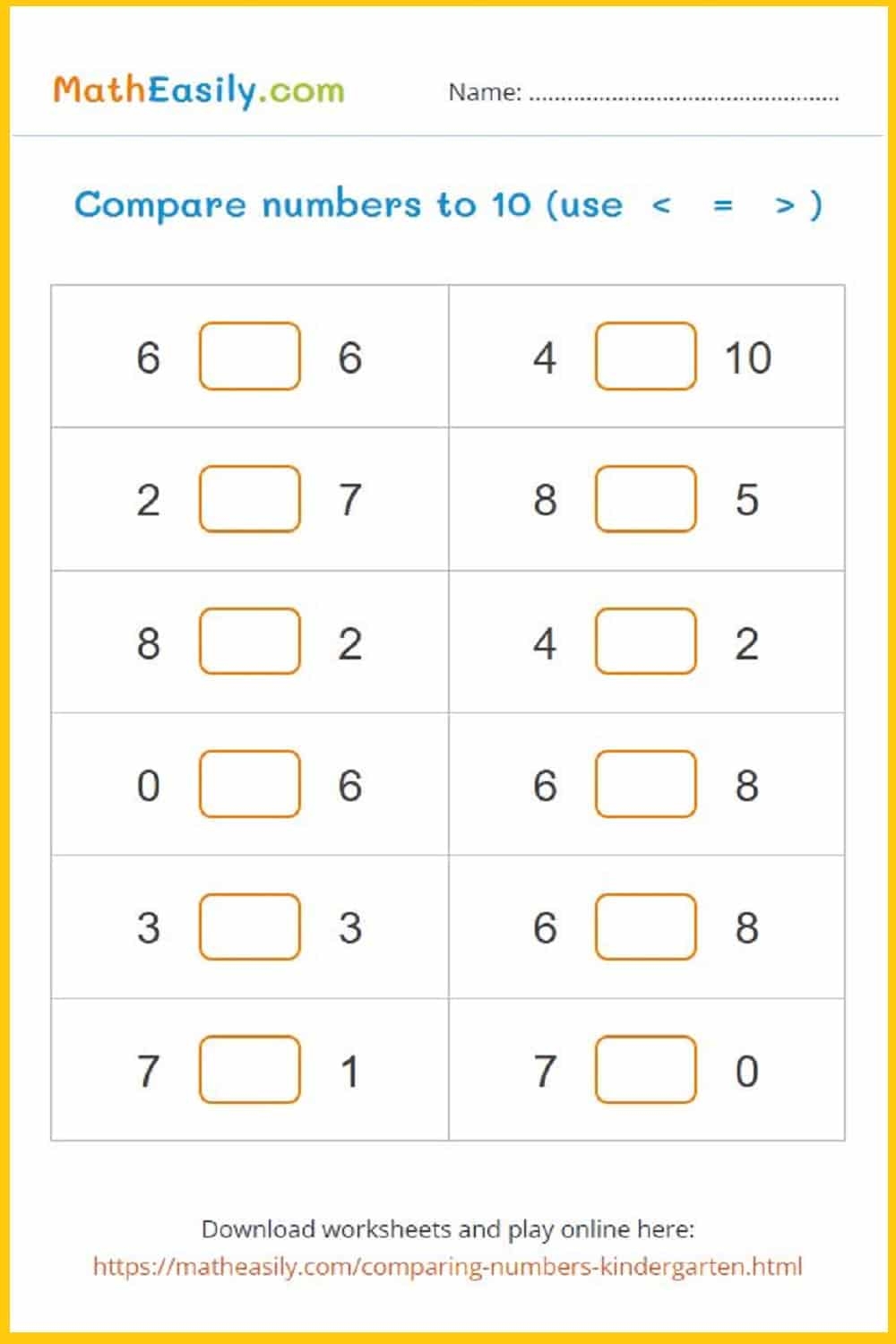 Comparing Numbers Games For Kindergarten Worksheets