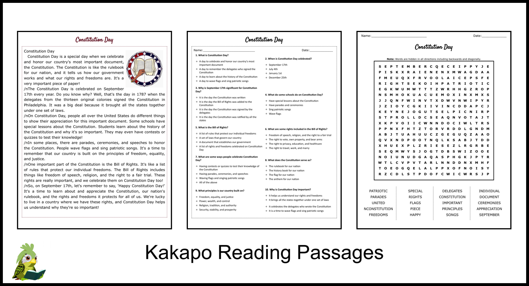 Constitution Day Reading Comprehension Worksheets Constitution Day Reading Comprehension Worksheets